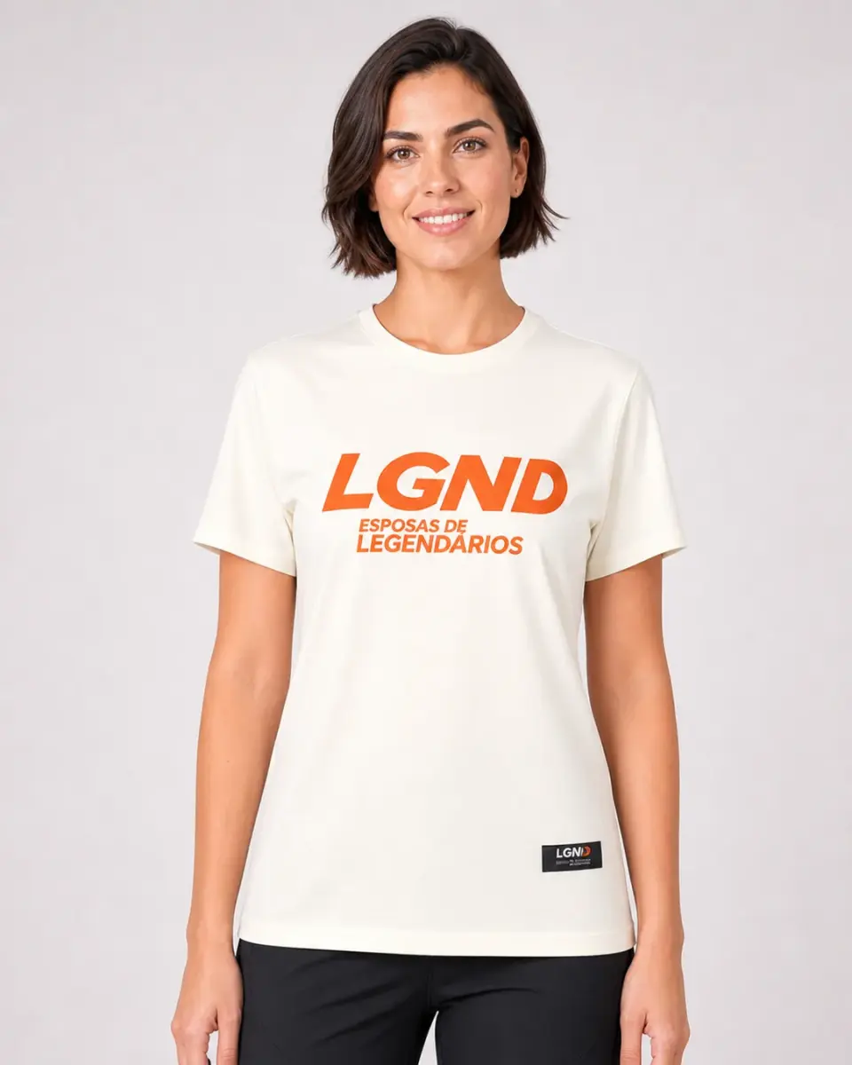 Camiseta Fem. LGND Esposas — Off White c/ Laranja