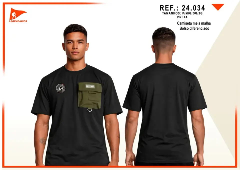 Camiseta Meia Malha c/ Bolso — Preta