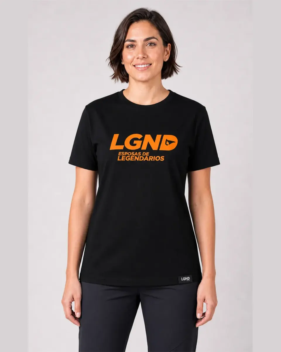 Camiseta Fem. LGND Esposas — Preto c/ Laranja