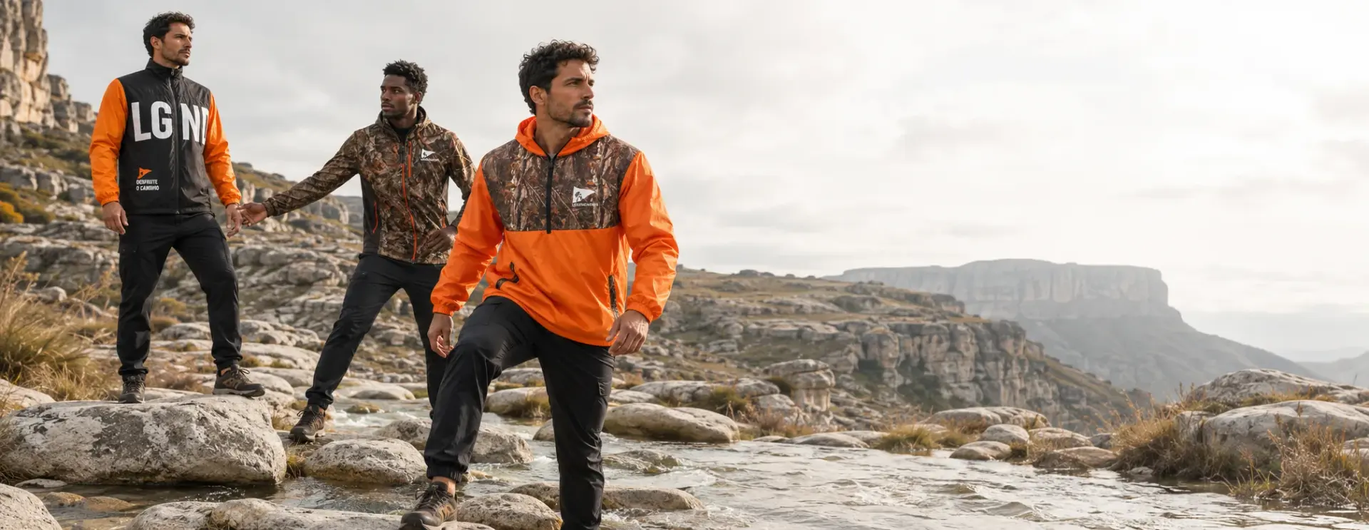 Três homens atravessando um rio de pedras com corta-ventos e anoraque laranja