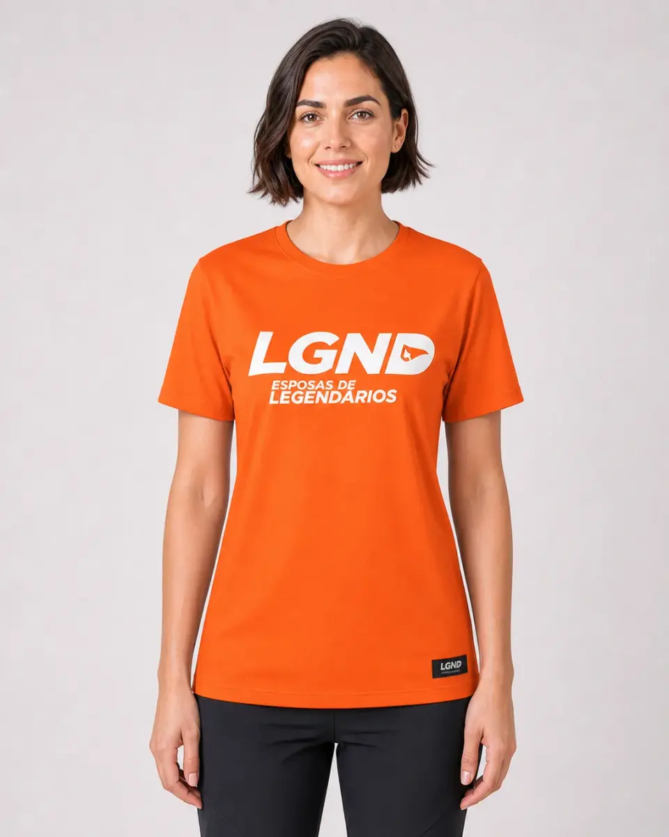 Camiseta Fem. LGND Esposas — Laranja c/ Branco