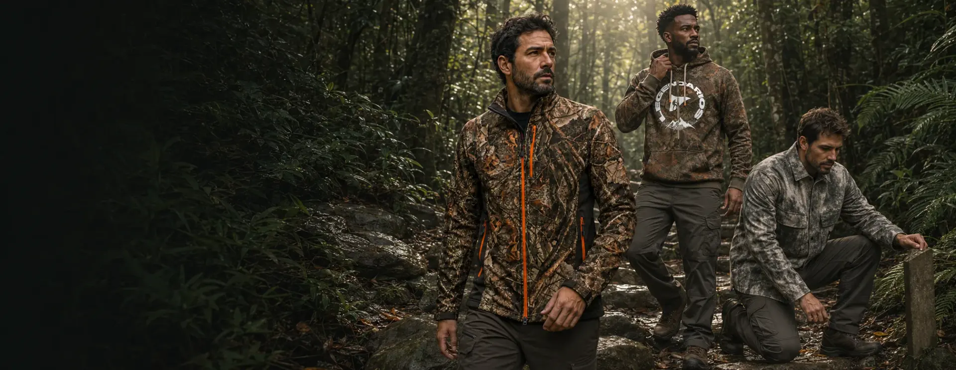 Três homens com peças camufladas Legendários dentro da mata