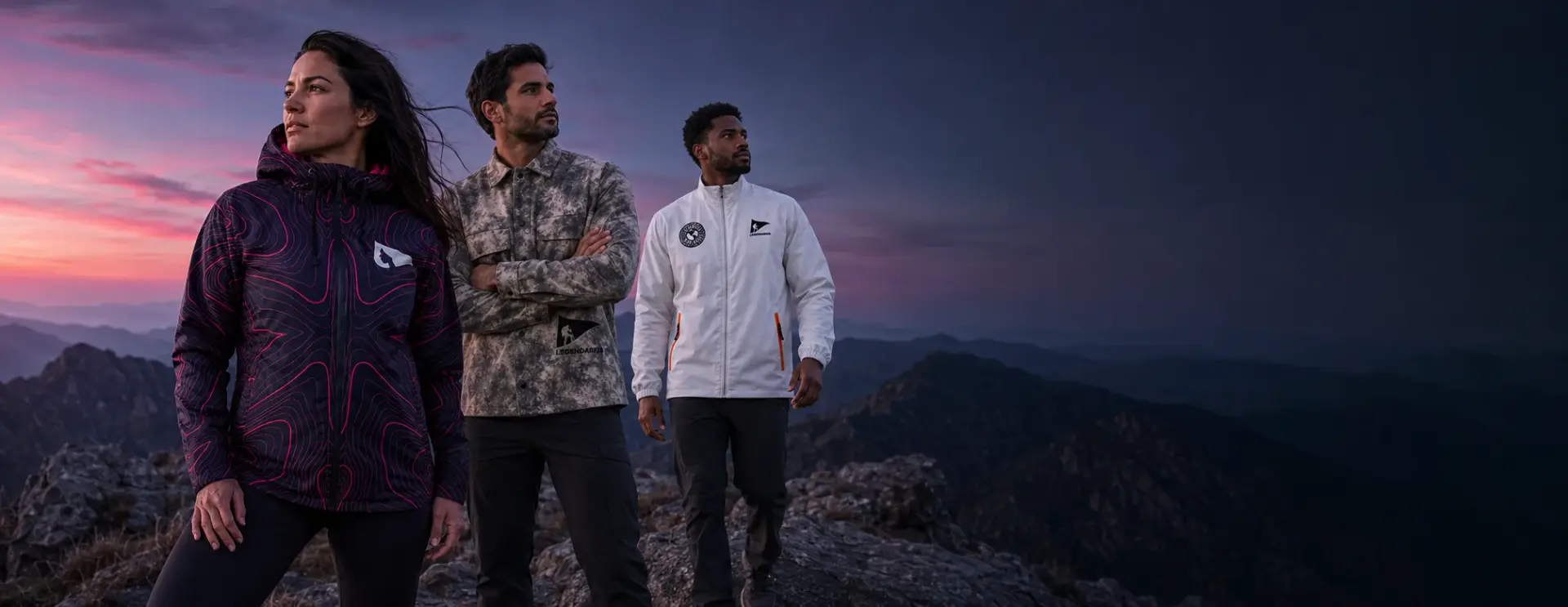 Mulher de jaqueta topográfica magenta e dois homens no cume ao crepúsculo