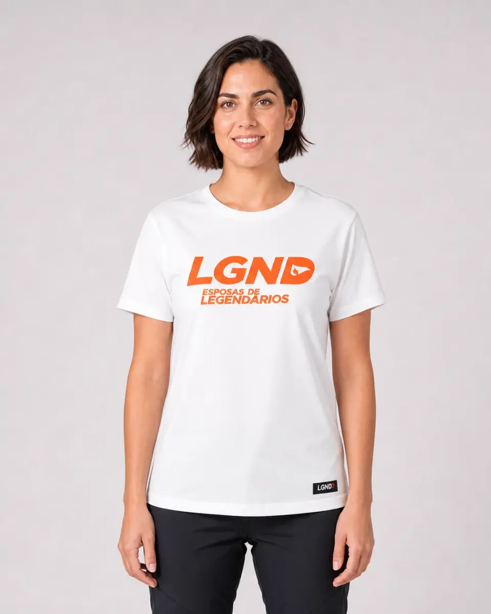 Camiseta Fem. LGND Esposas — Branco c/ Laranja