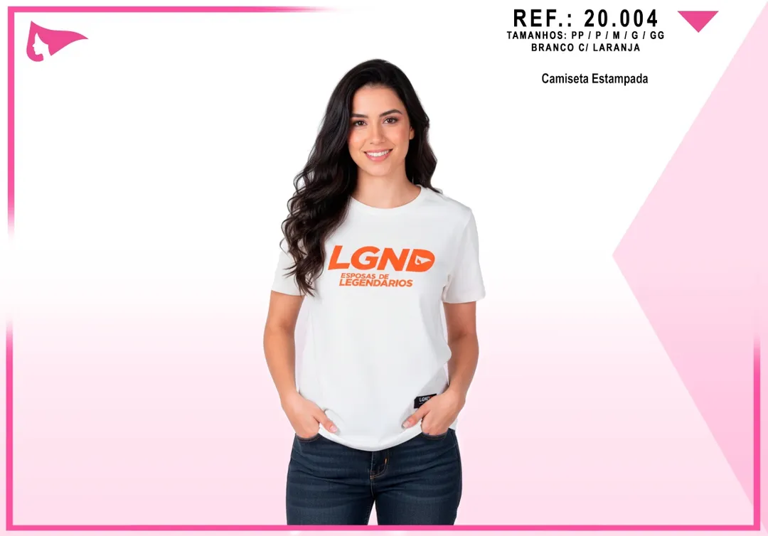 Camiseta Fem. LGND Esposas — Branco c/ Laranja